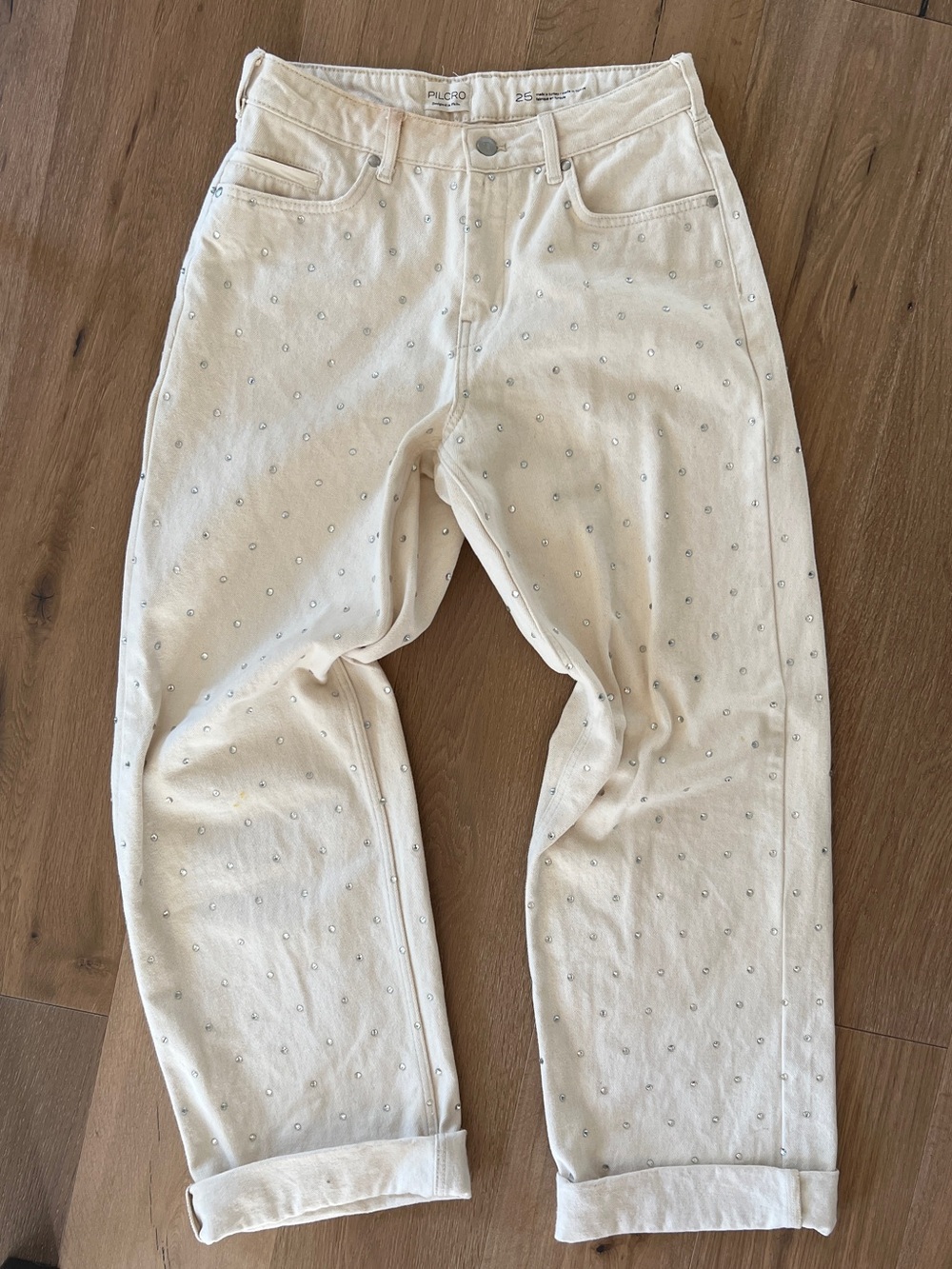 Pilcro Cream Stud-Embellished Jeans